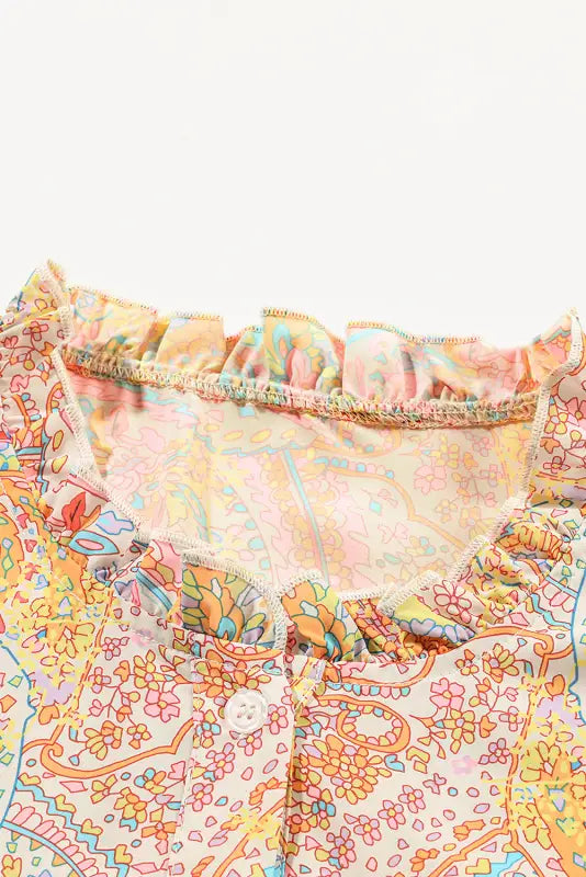 Yellow boho shirt - paisley print ruffled trim - shirts