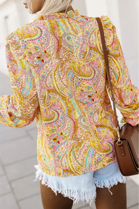 Yellow boho shirt - paisley print ruffled trim - shirts