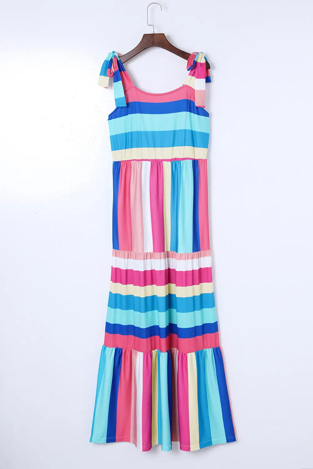 Yellow color block striped bow knot straps maxi dress - dresses