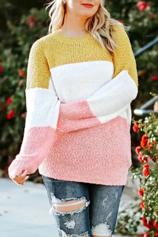 Yellow Colorblock Bubble Sleeve Plus Size Sweater - Fashionfitz