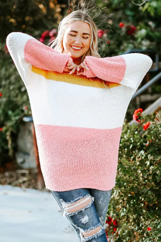 Yellow colorblock bubble sleeve plus size sweater