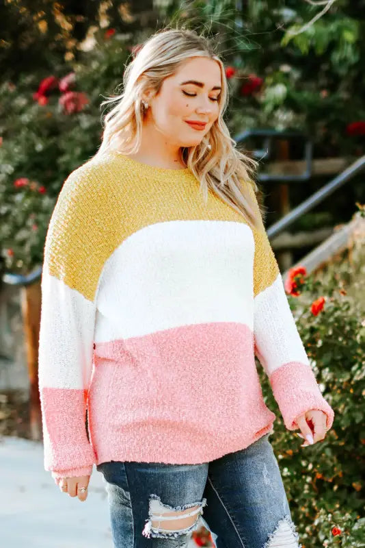 Yellow colorblock bubble sleeve plus size sweater