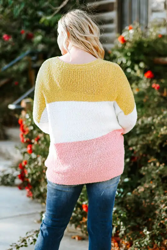 Yellow colorblock bubble sleeve plus size sweater