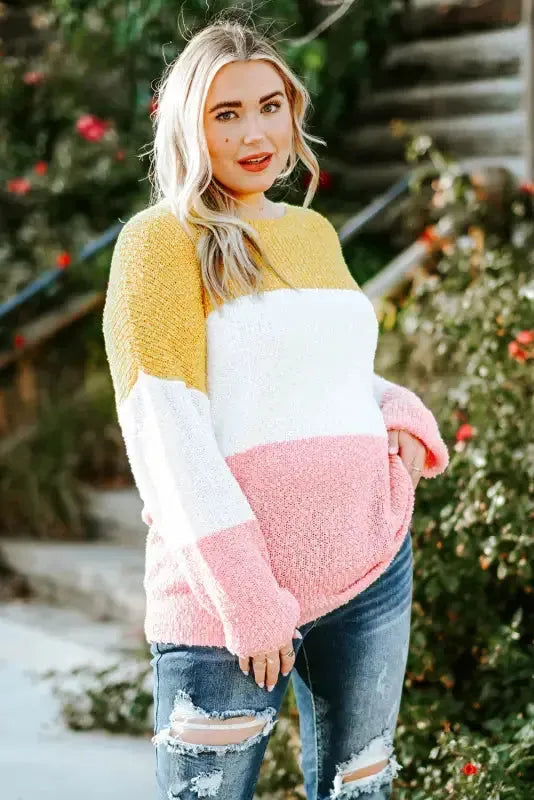 Yellow Colorblock Bubble Sleeve Plus Size Sweater - Fashionfitz