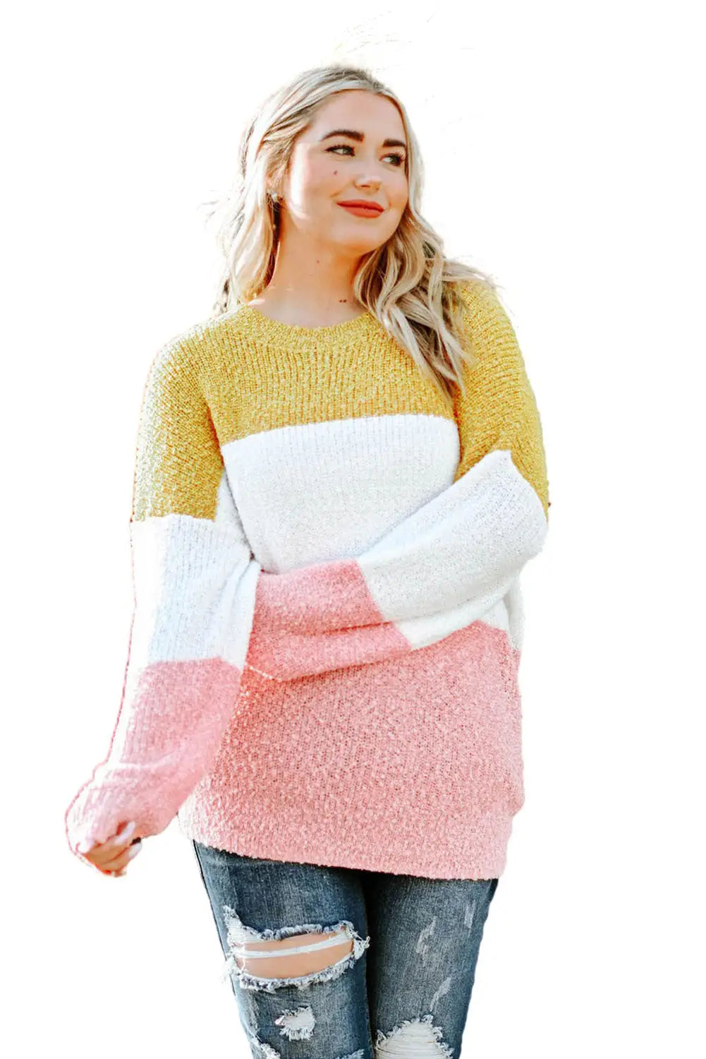 Yellow colorblock bubble sleeve plus size sweater