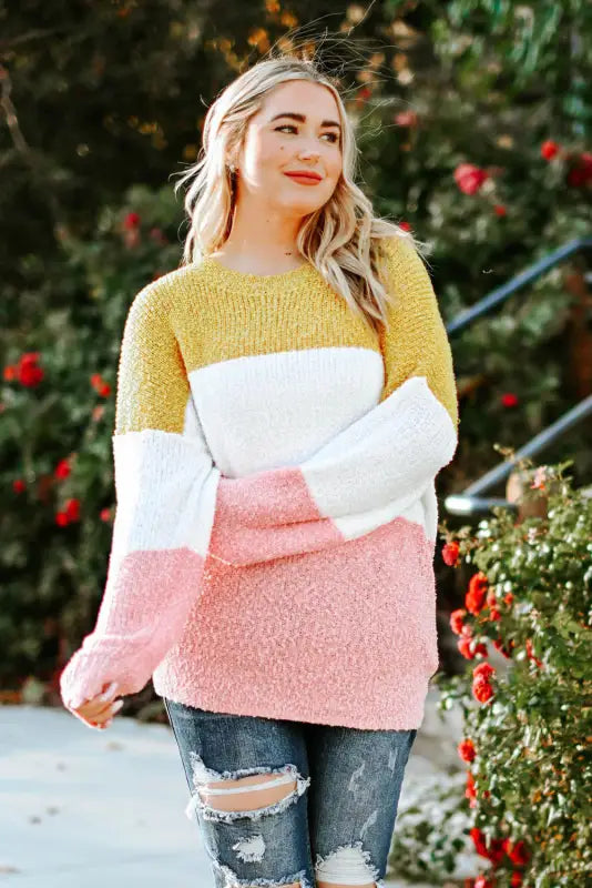 Yellow colorblock bubble sleeve plus size sweater