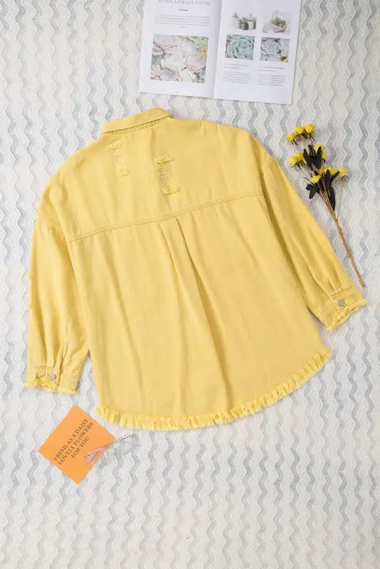 Yellow distressed fringe trim denim jacket - outerwear