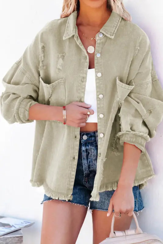 Yellow distressed fringe trim denim jacket - outerwear