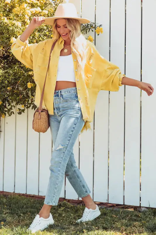 Yellow distressed fringe trim denim jacket - outerwear