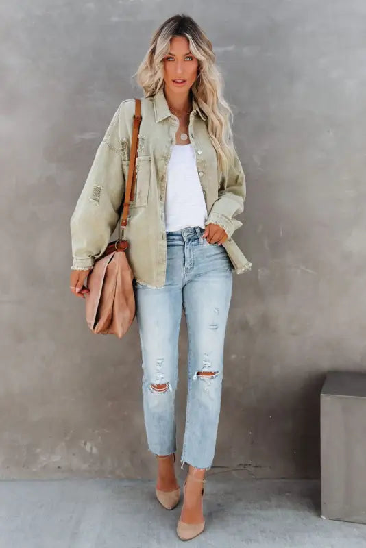 Yellow distressed fringe trim denim jacket - outerwear