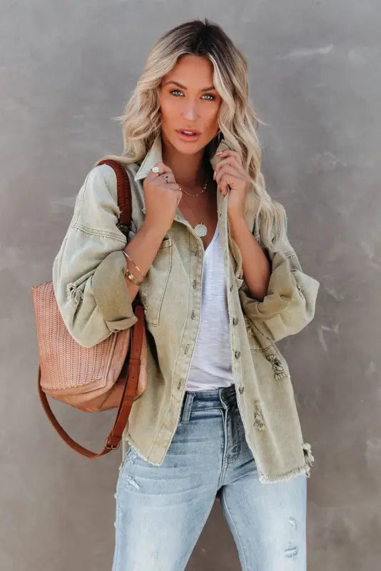 Yellow distressed fringe trim denim jacket - outerwear