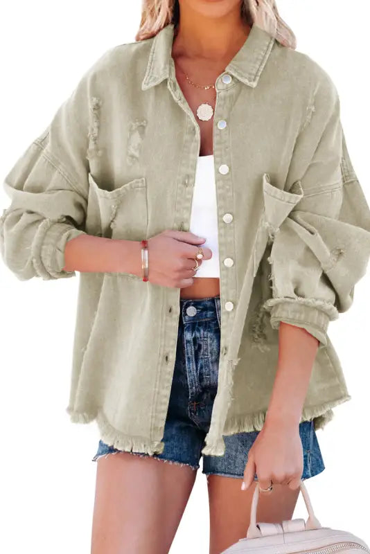 Yellow distressed fringe trim denim jacket - outerwear