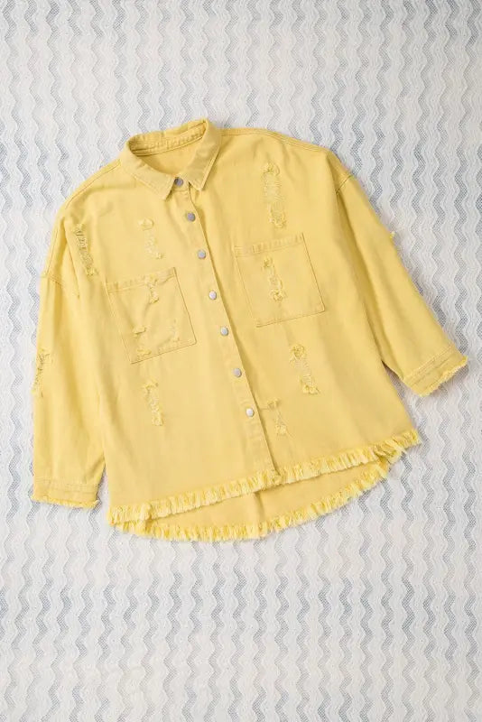 Yellow distressed fringe trim denim jacket - outerwear