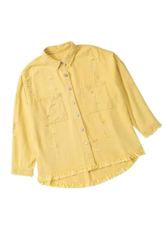 Yellow distressed fringe trim denim jacket - outerwear