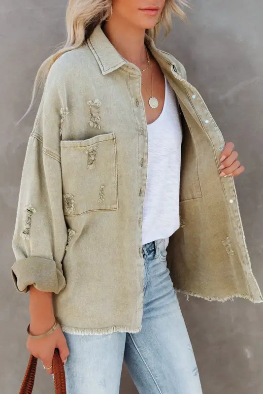 Yellow distressed fringe trim denim jacket - outerwear