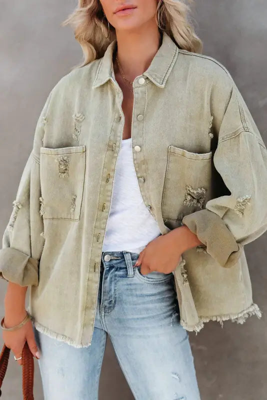 Yellow distressed fringe trim denim jacket - outerwear