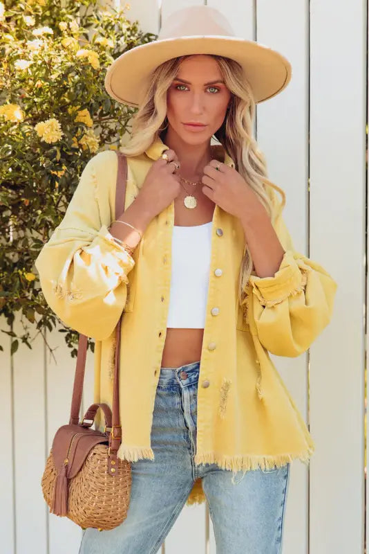 Yellow distressed fringe trim denim jacket - outerwear