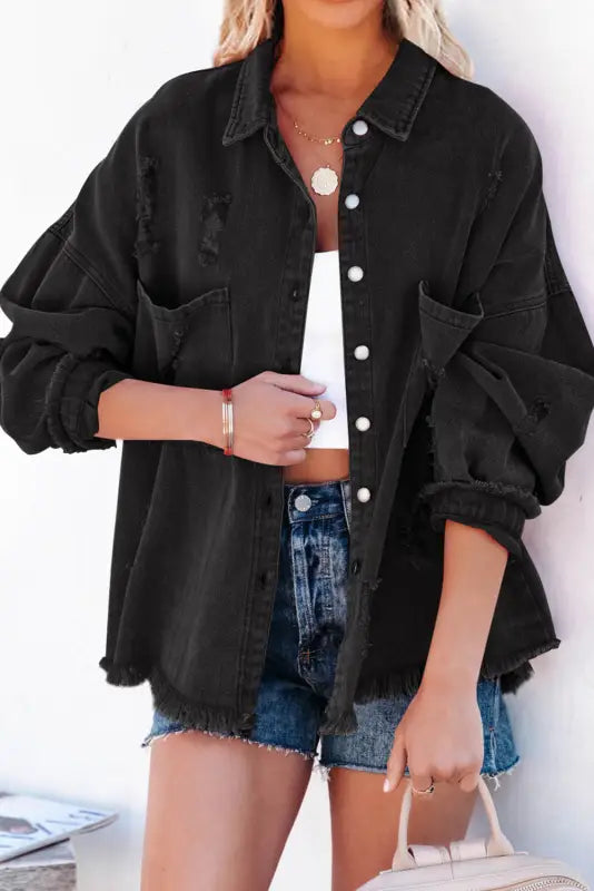 Yellow distressed fringe trim denim jacket - black / s / 100% cotton - outerwear