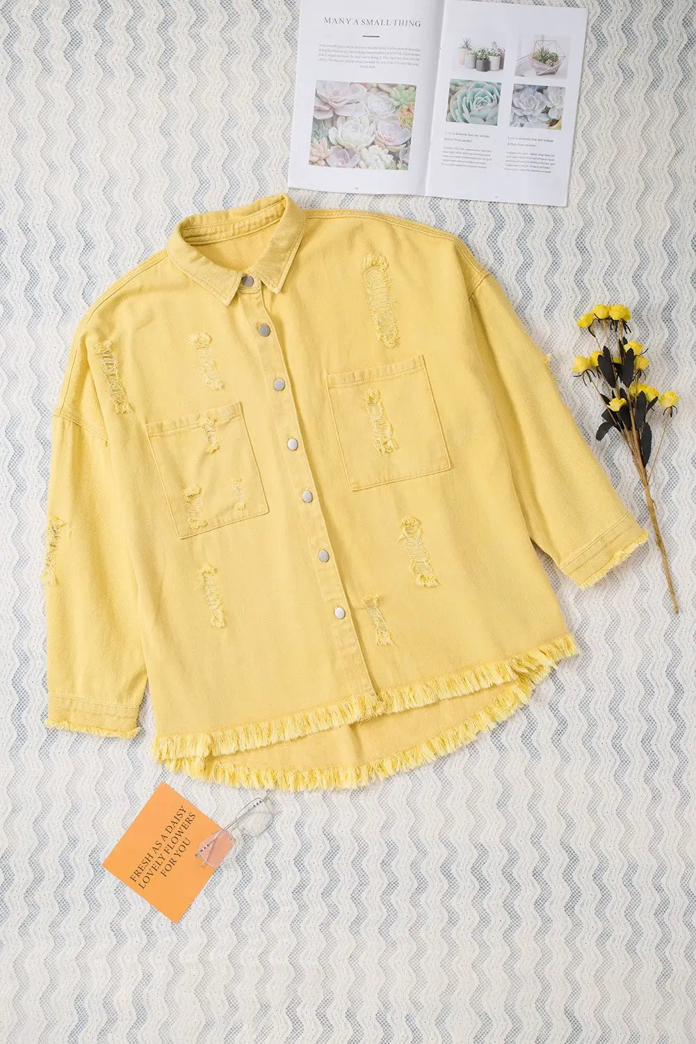Yellow distressed fringe trim denim jacket - outerwear