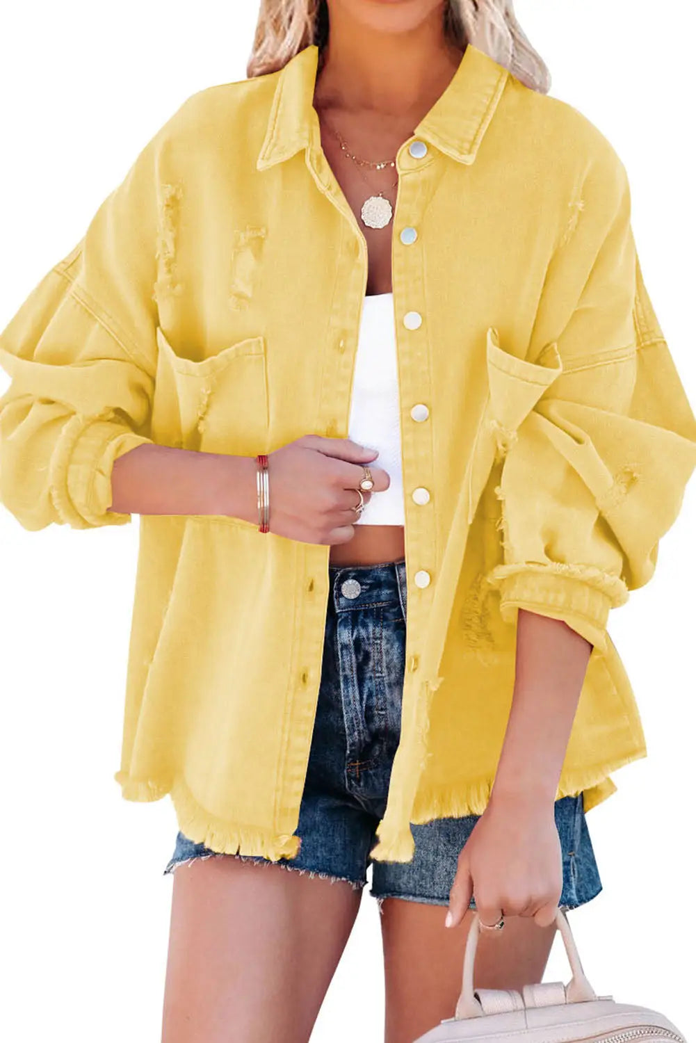 Yellow distressed fringe trim denim jacket - outerwear