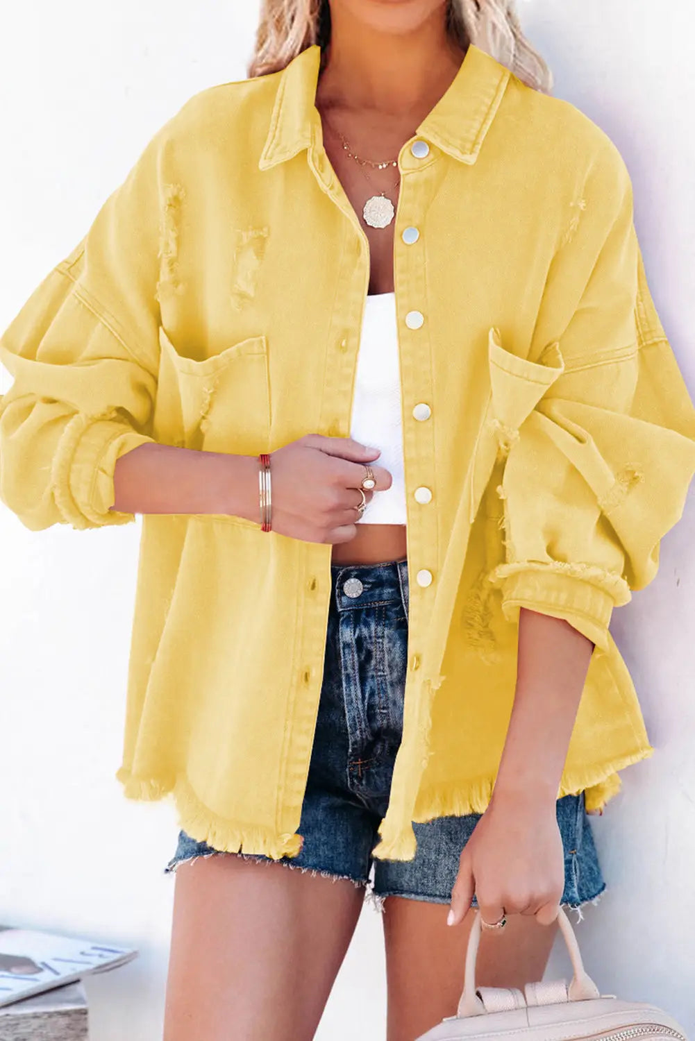 Yellow distressed fringe trim denim jacket - s / 100%cotton