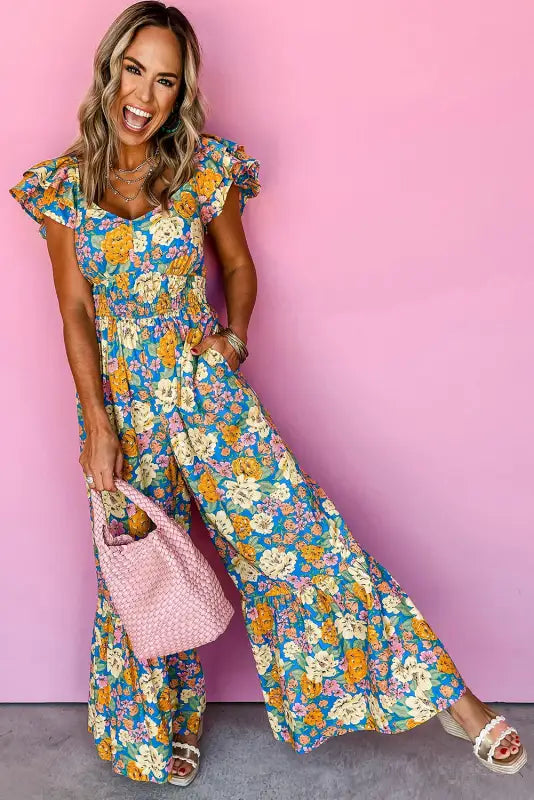 Yellow floral elegant jumpsuit - cool comfort | fashionfitz