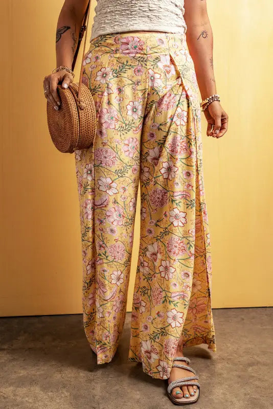 Yellow floral high slit wide leg pants