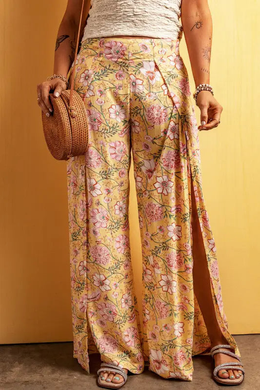 Yellow floral high slit wide leg pants - s / 100% polyester