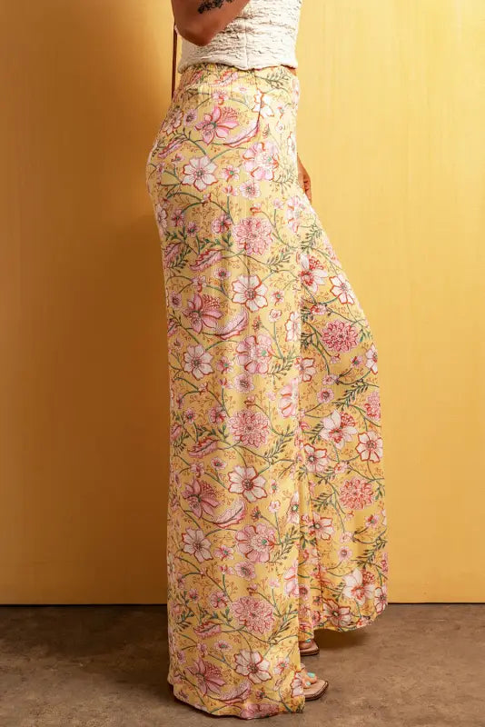 Yellow floral high slit wide leg pants