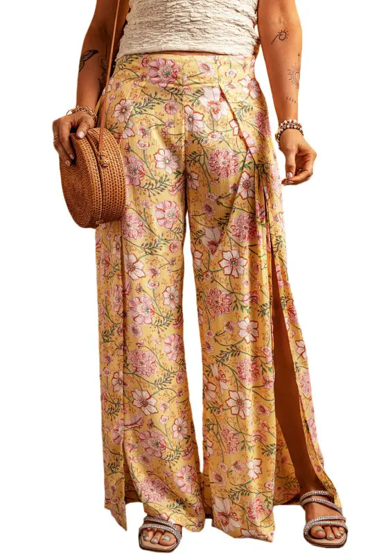 Yellow floral high slit wide leg pants