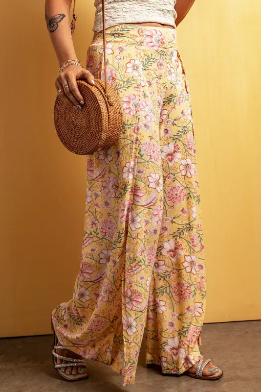 Yellow floral high slit wide leg pants