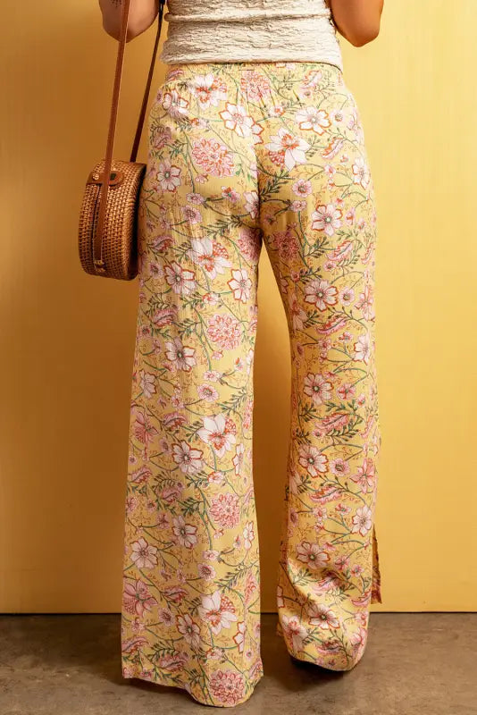 Yellow floral high slit wide leg pants