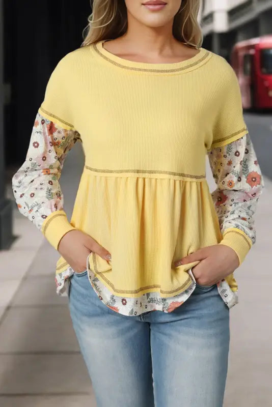 Yellow floral patchwork babydoll blouse - blouses