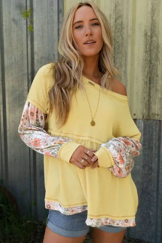 Yellow floral patchwork babydoll blouse - blouses