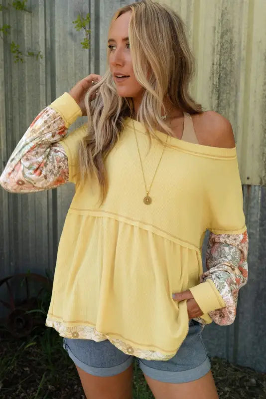 Yellow floral patchwork babydoll blouse - blouses