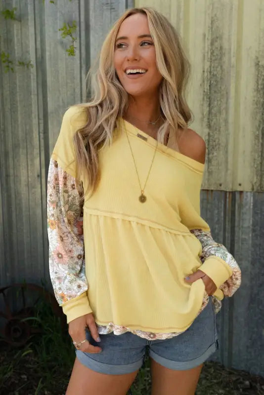 Yellow floral patchwork babydoll blouse - blouses