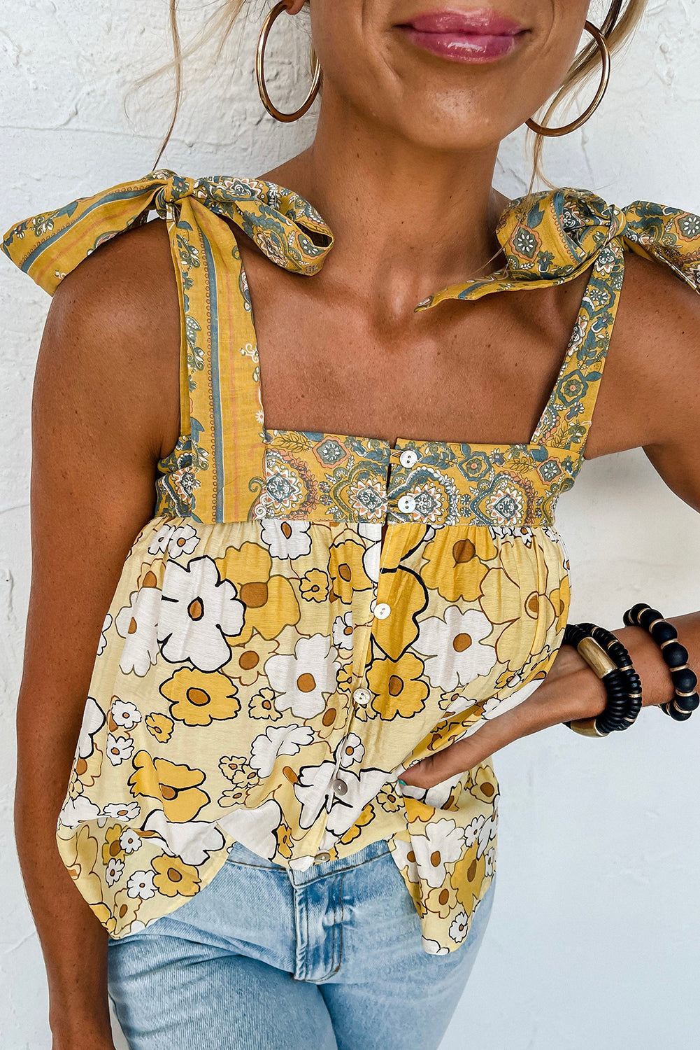 Yellow floral patchwork tied straps buttoned tank top - l / 100% viscose - tops