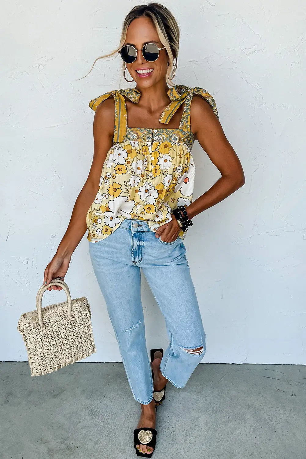 Yellow floral patchwork tied straps buttoned tank top - tops