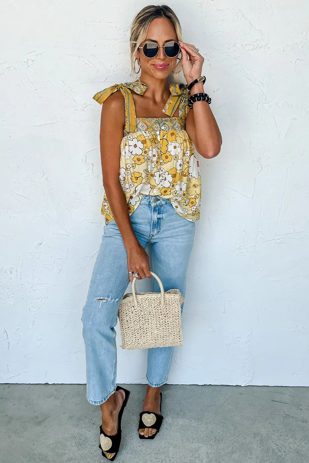 Yellow floral patchwork tied straps buttoned tank top - tops