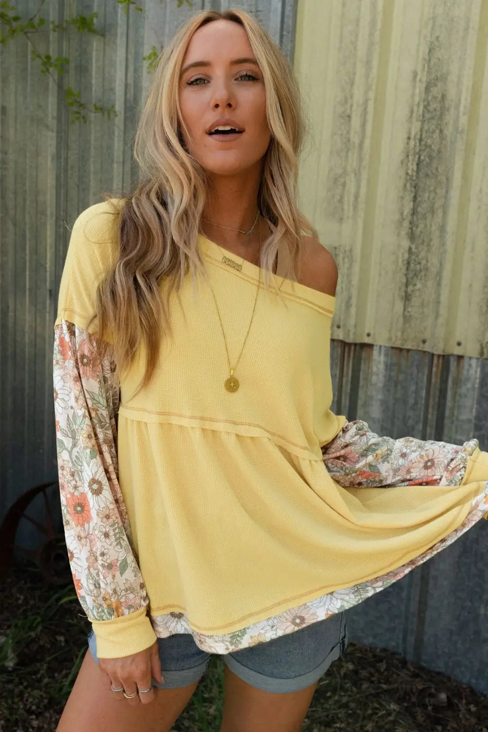 Yellow floral patchwork waffle knit babydoll blouse - tops