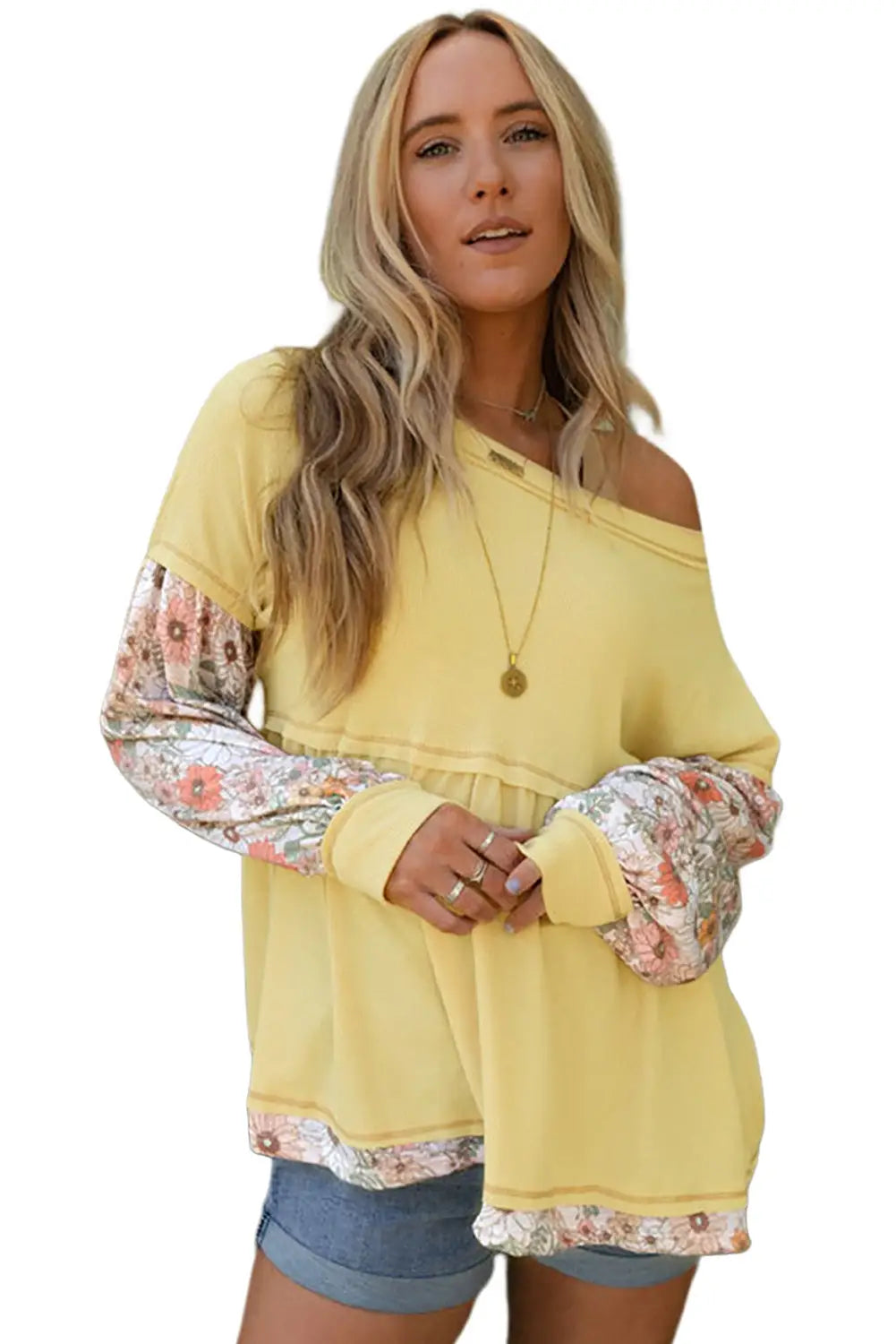 Yellow floral patchwork waffle knit babydoll blouse - tops