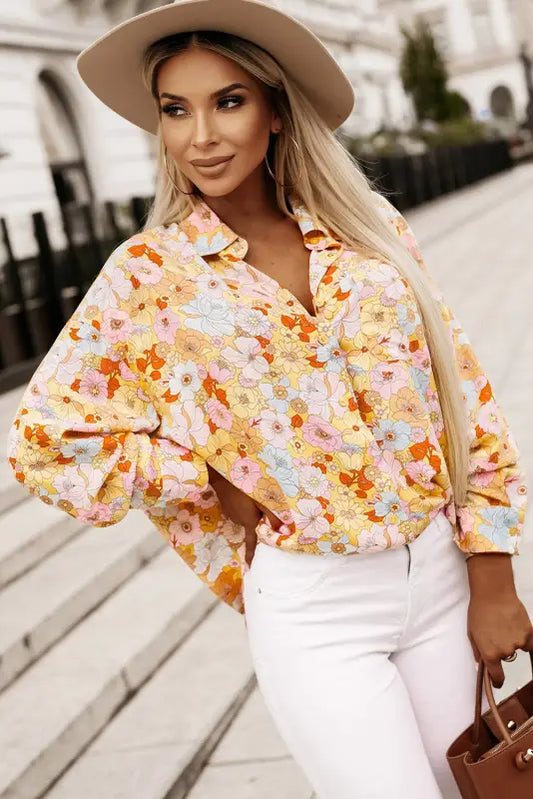 Yellow floral print turn down collar loose shirt - s / 100% viscose - tops