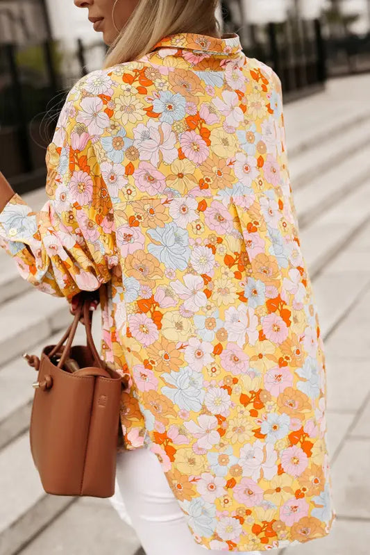 Yellow floral print turn down collar loose shirt - tops