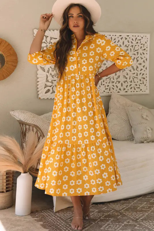 Yellow flower print maxi dress - boho chic | fashionfitz