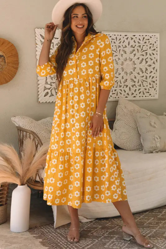 Yellow flower print maxi dress - boho chic | fashionfitz