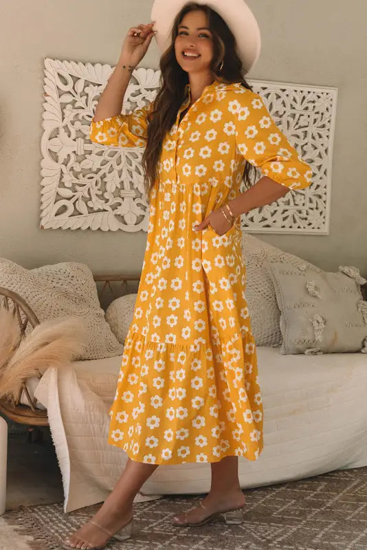 Yellow flower print maxi dress - boho chic | fashionfitz