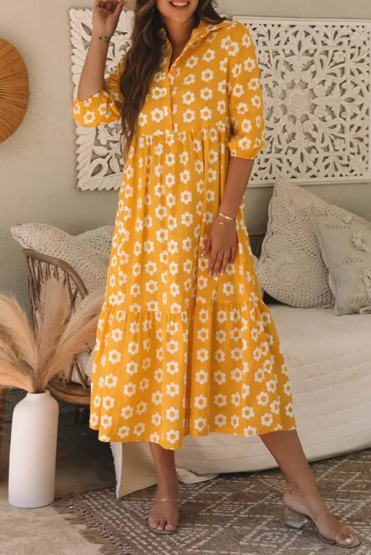 Yellow flower print maxi dress - boho chic | fashionfitz