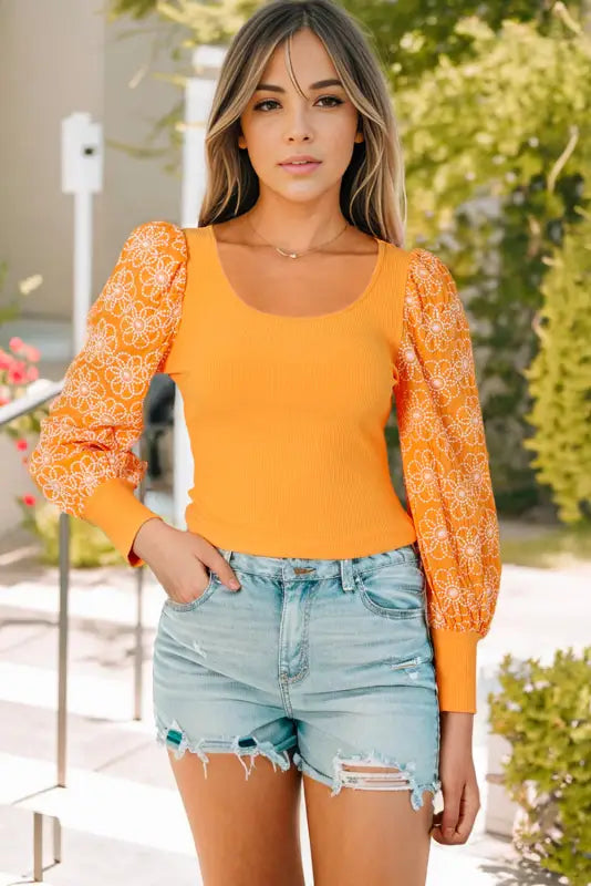 Yellow flower puff sleeve ribbed knit top - tops