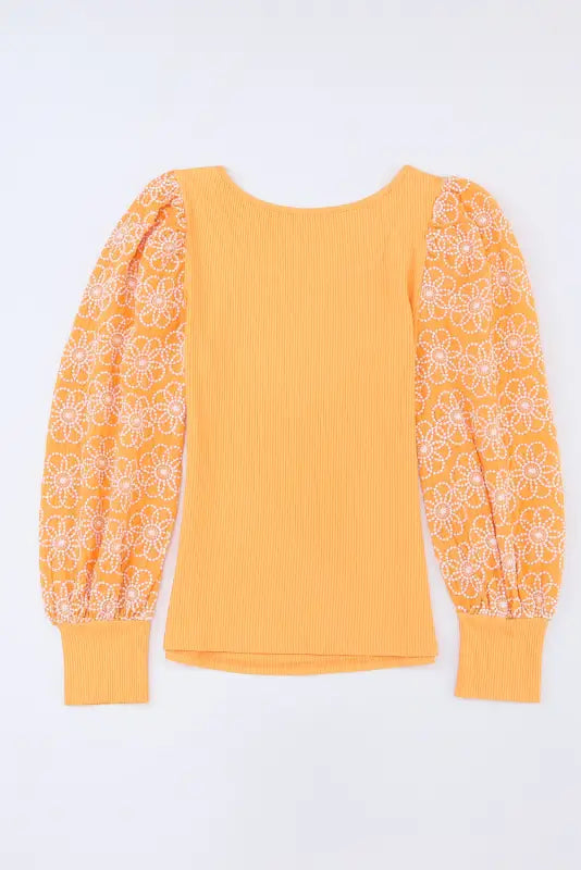 Yellow flower puff sleeve ribbed knit top - tops