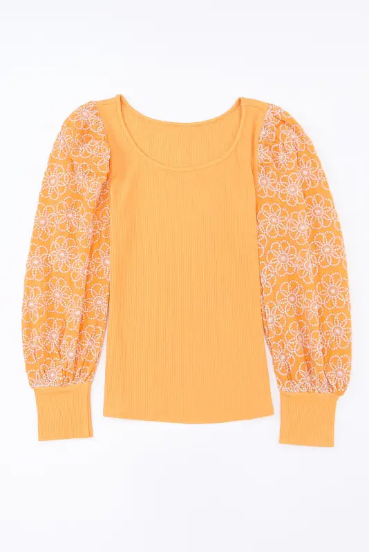 Yellow flower puff sleeve ribbed knit top - tops